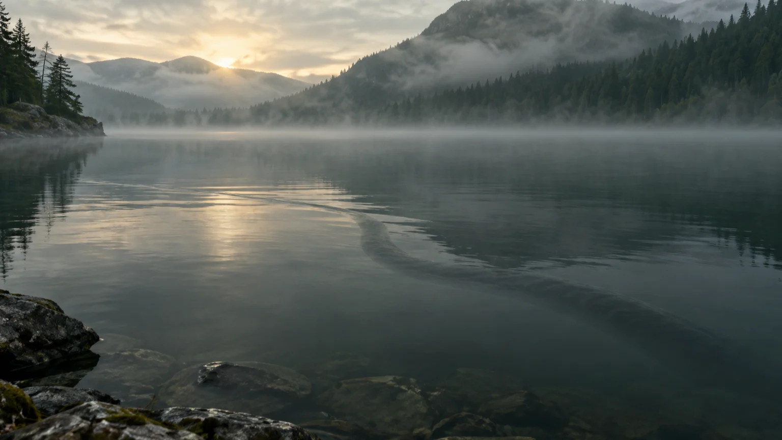 A long mysterious silhouette glides beneath a misty highland lake.