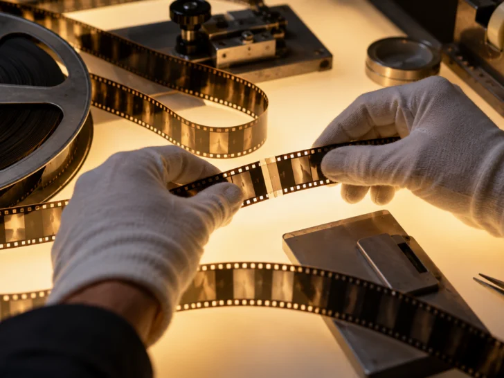 Gloved hands examine unmarked film strips on a glowing editing bench.