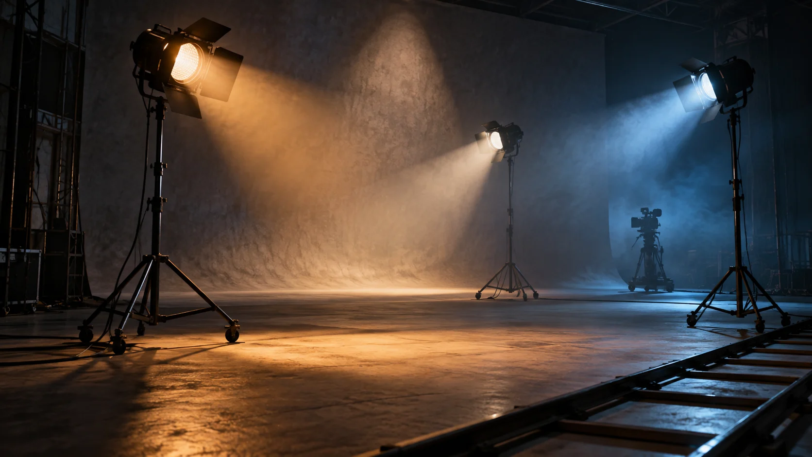 Warm and cool studio lamps cast visible beams across an empty soundstage.