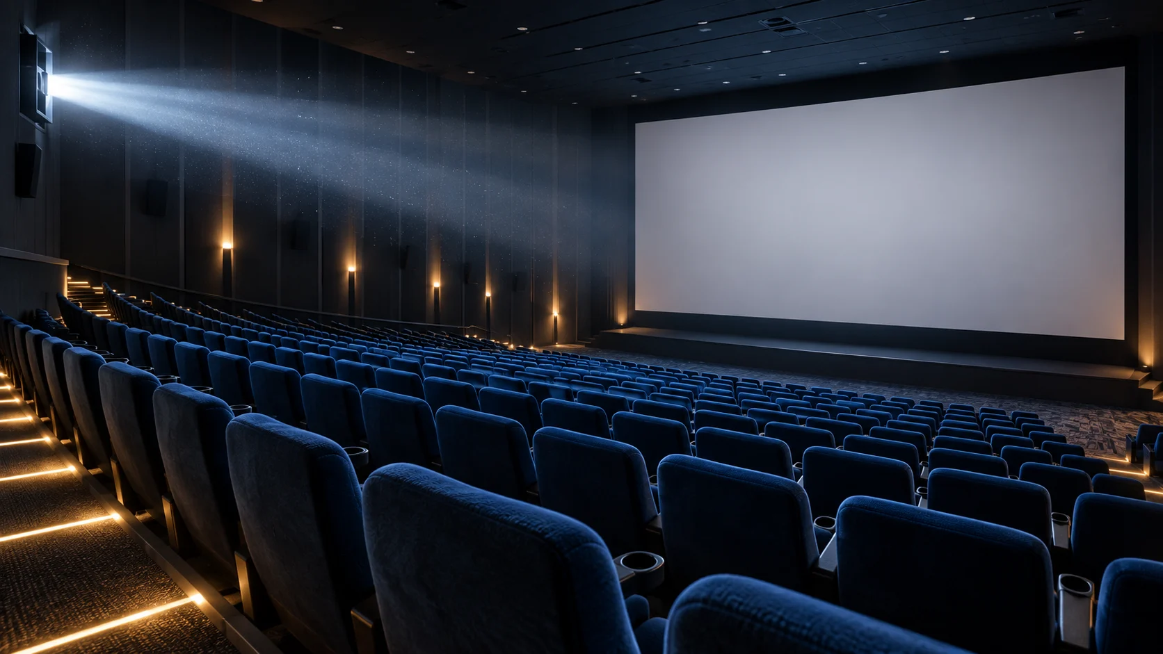 A projector beam crosses rows of blue seats toward a blank cinema screen.