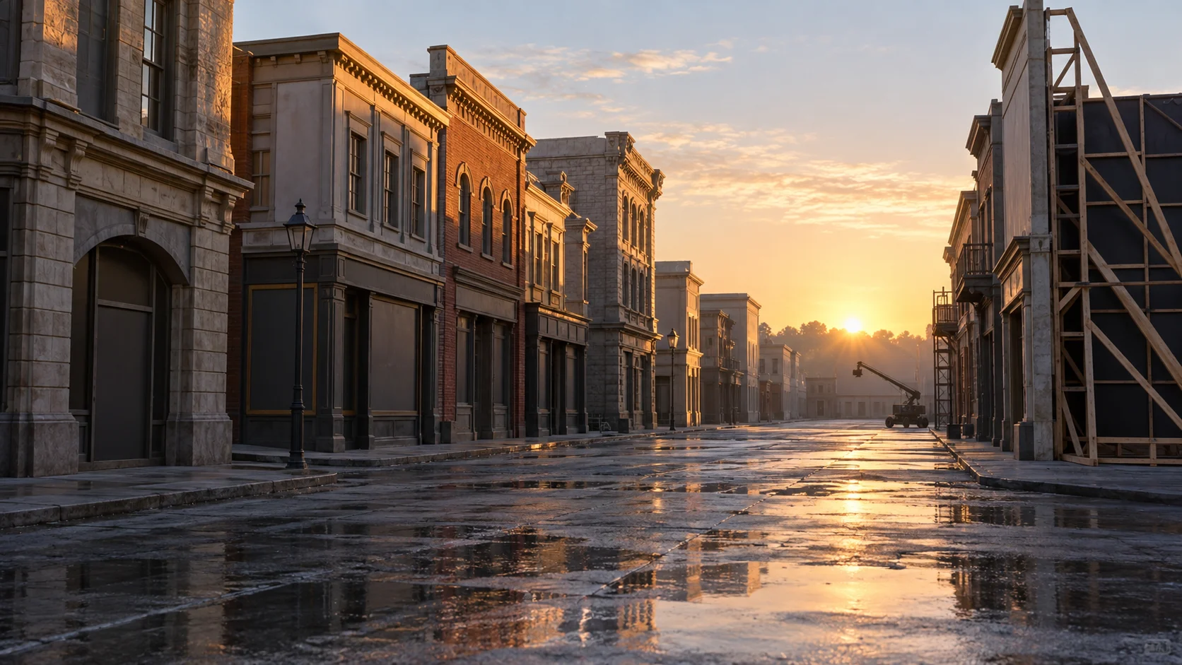 Sunrise illuminates blank storefront facades on an empty studio backlot.