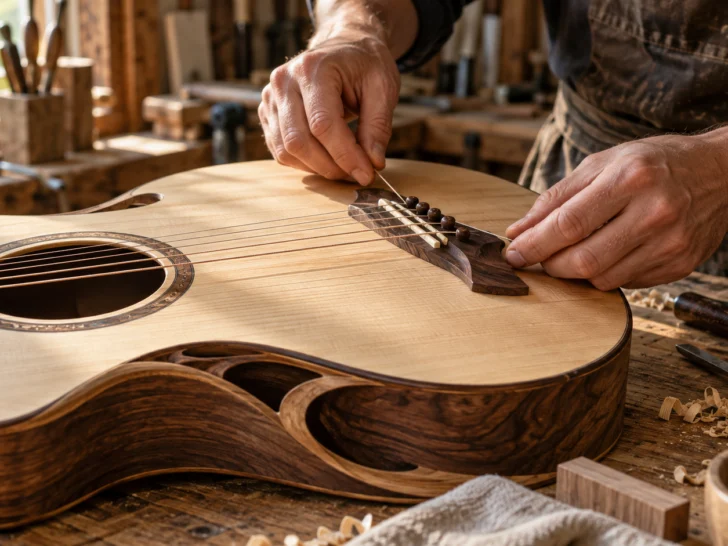 Luthier fitting strings to a handmade acoustic guitar