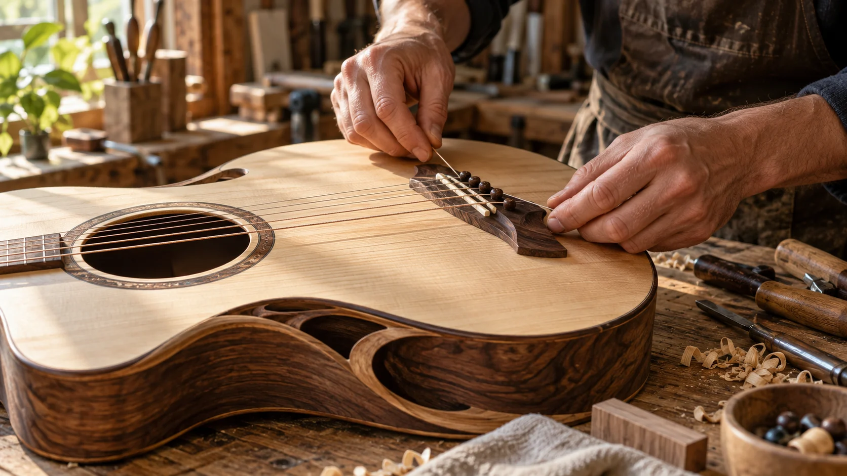 Luthier fitting strings to a handmade acoustic guitar
