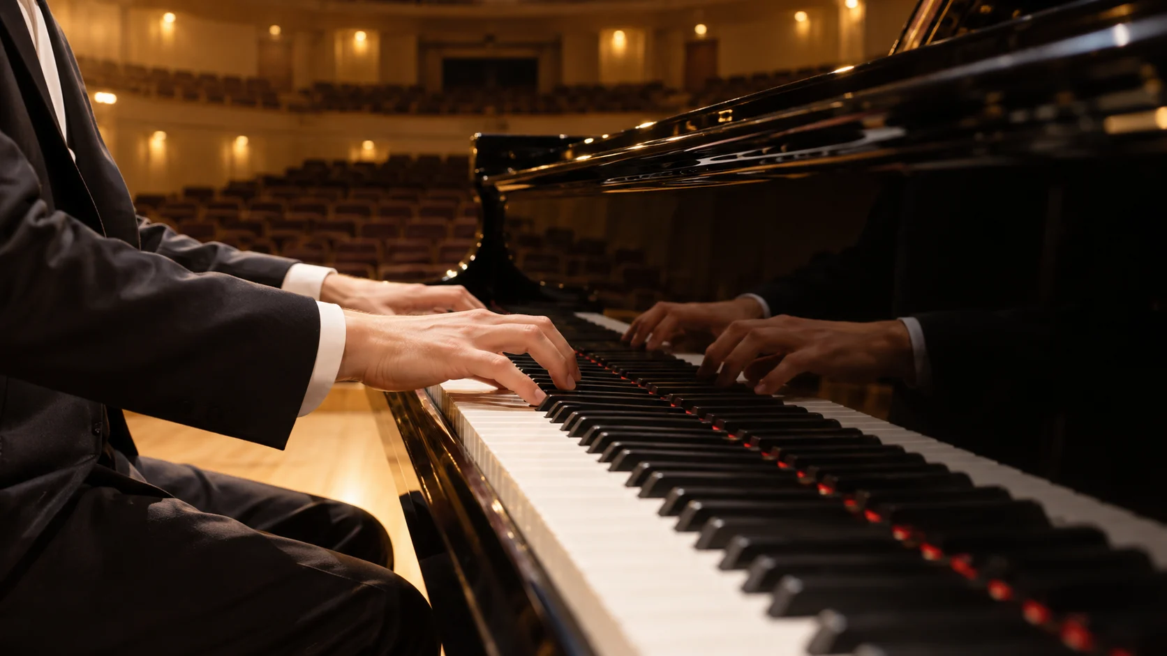 Pianist playing a grand piano in an empty hall