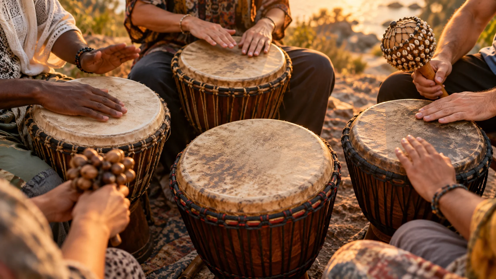Hands playing drums together at golden hour