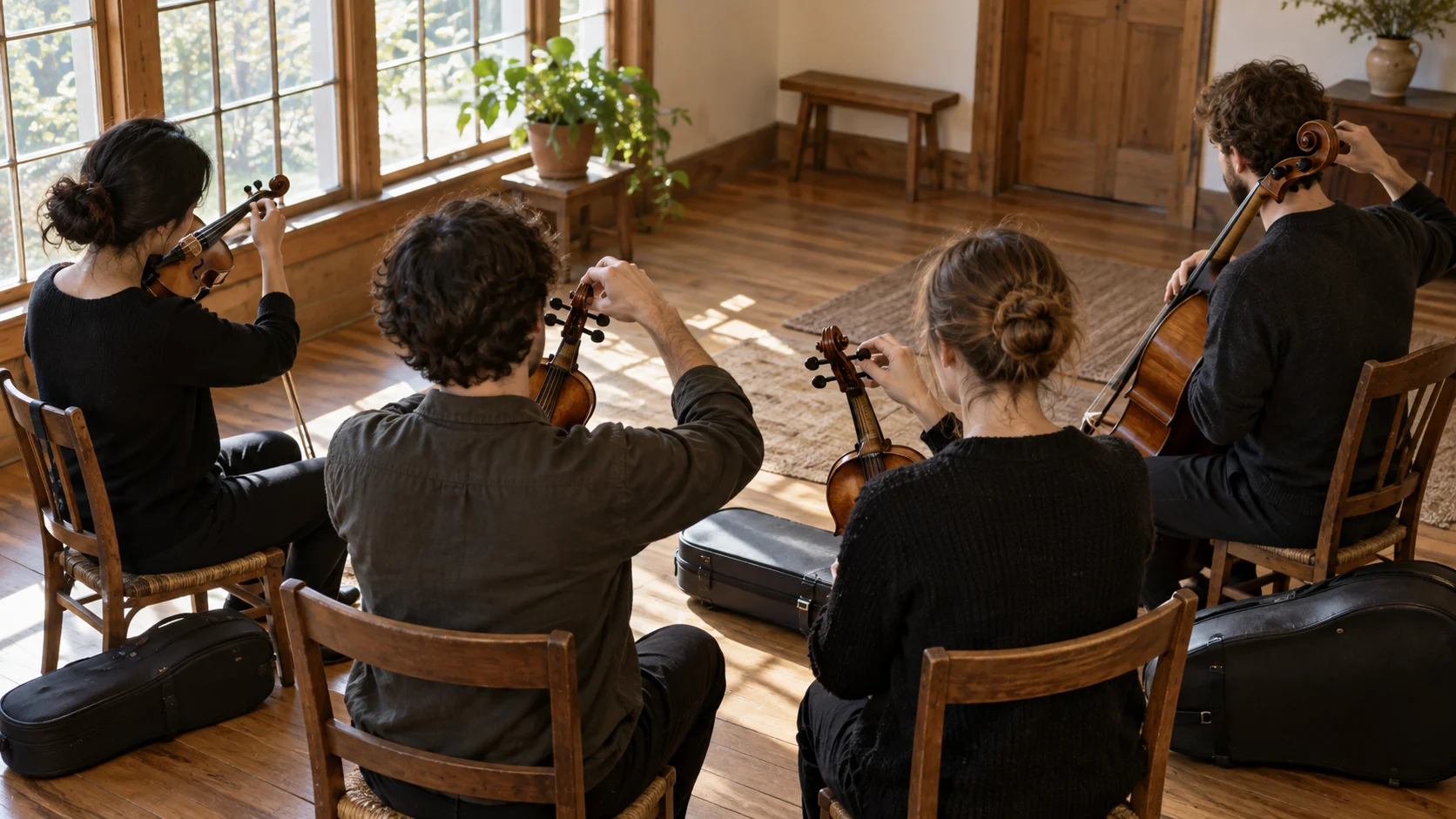 String musicians tuning instruments before rehearsal