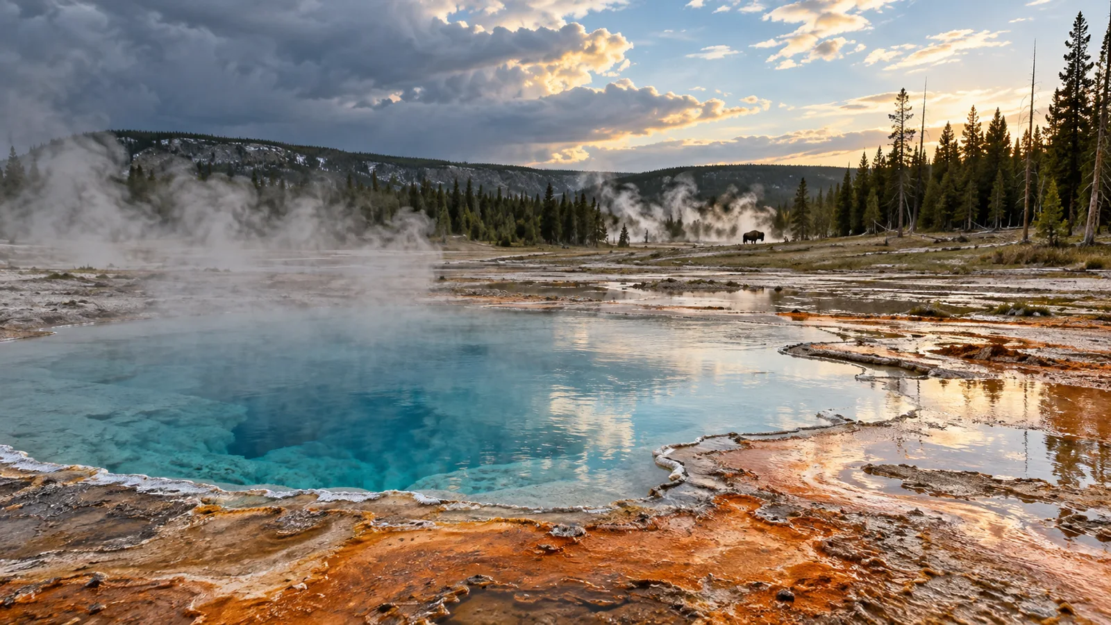 Turquoise hot spring steaming beneath clearing storm clouds