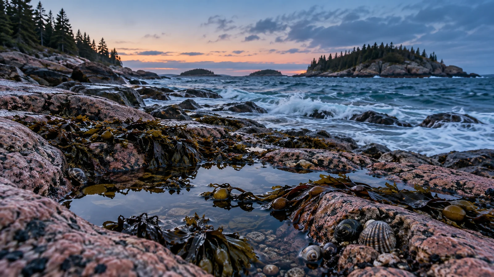 Seaweed-filled tide pools on a rugged granite coast at blue hour