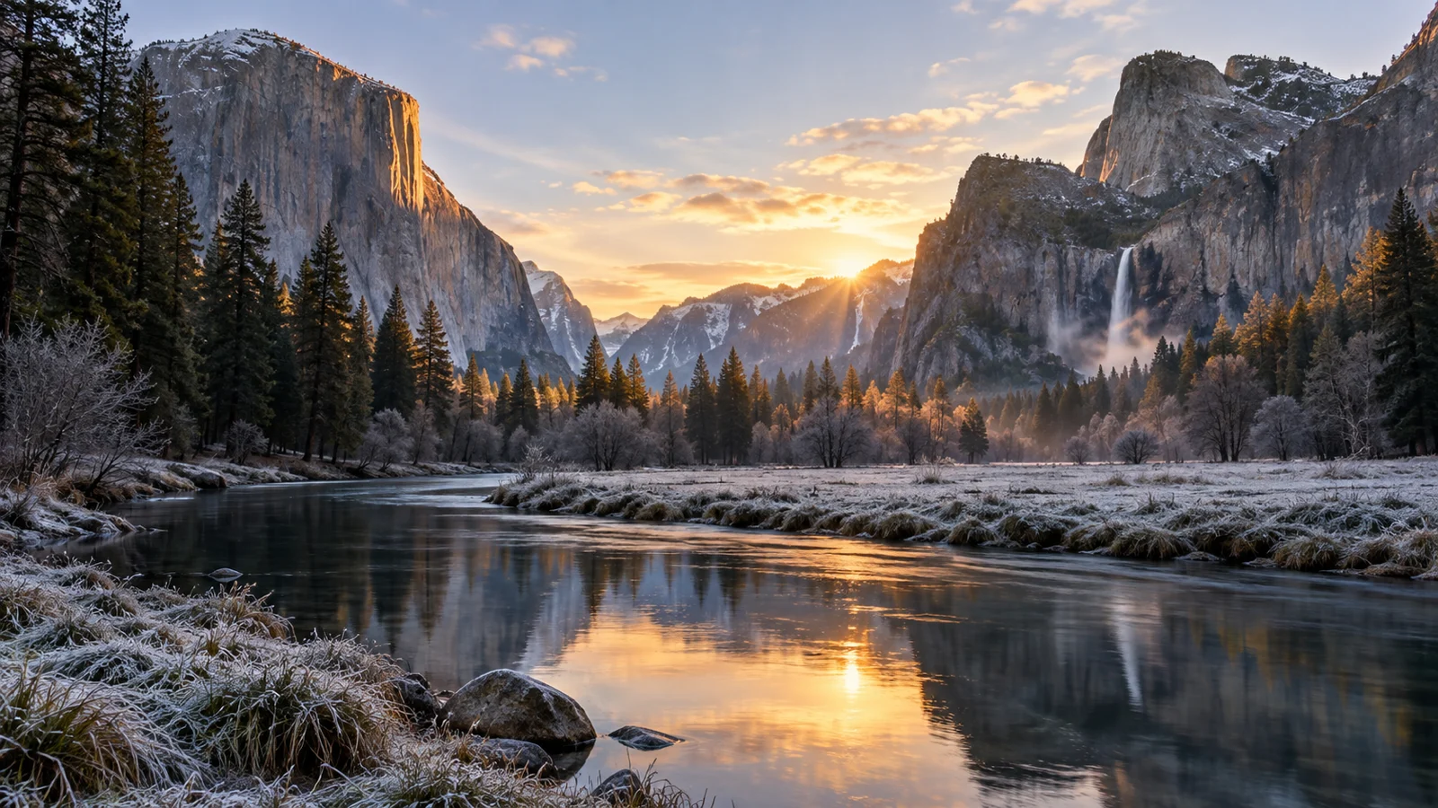 Sunrise reflecting in a river beneath a frost-covered granite valley