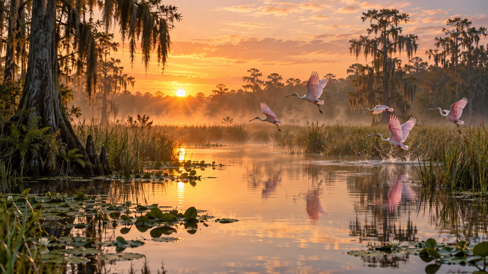 Roseate spoonbills lifting above a misty sawgrass wetland at sunrise