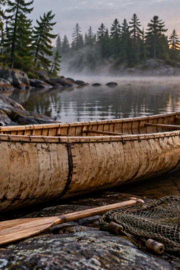 A traditionally constructed birchbark canoe rests along a Great Lakes shore.