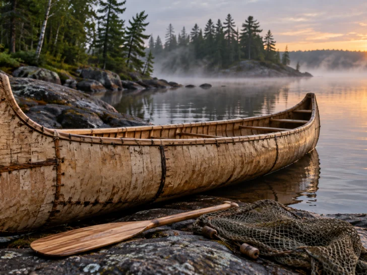 A traditionally constructed birchbark canoe rests along a Great Lakes shore.