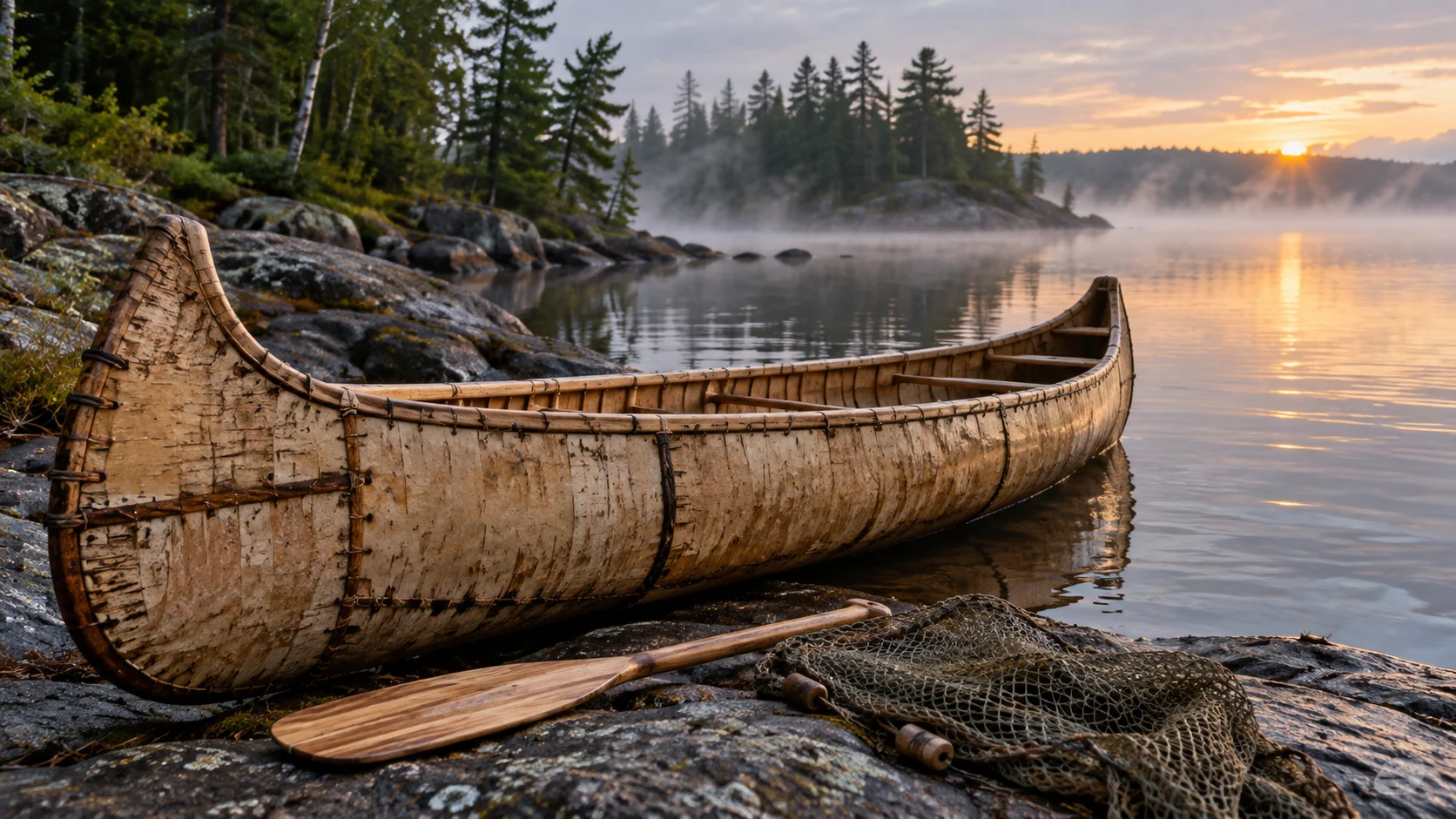 A traditionally constructed birchbark canoe rests along a Great Lakes shore.