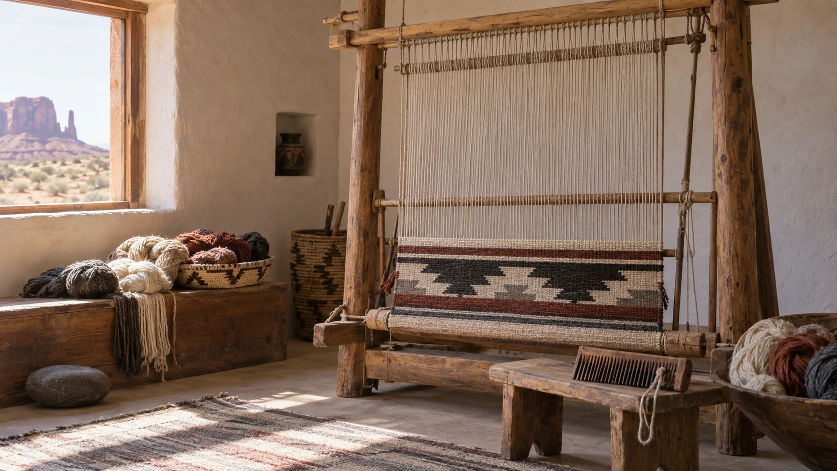 An unfinished textile hangs on an upright loom in a Din&eacute; weaving workspace.