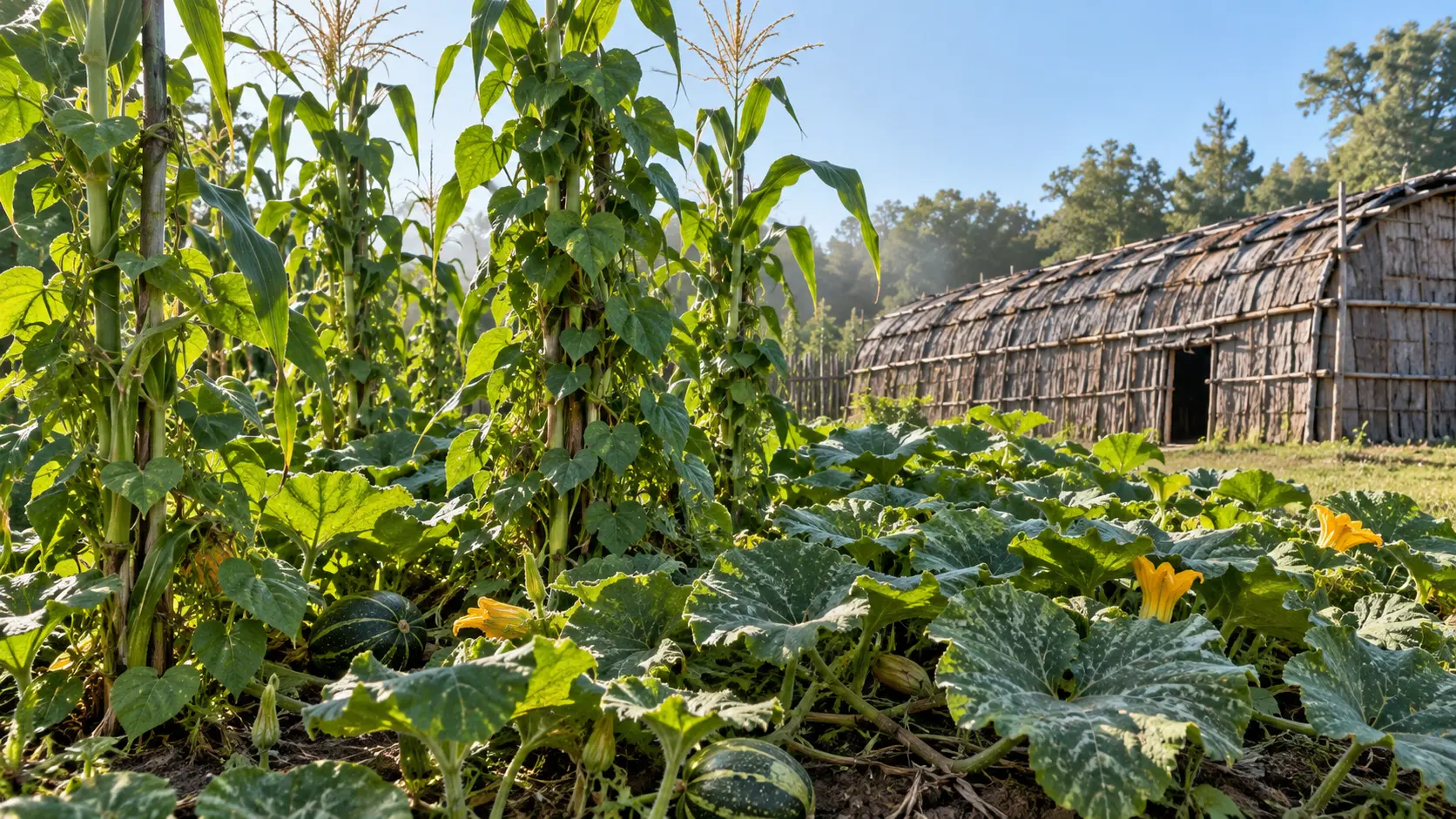 Corn, beans, and squash grow beside a Haudenosaunee bark longhouse.