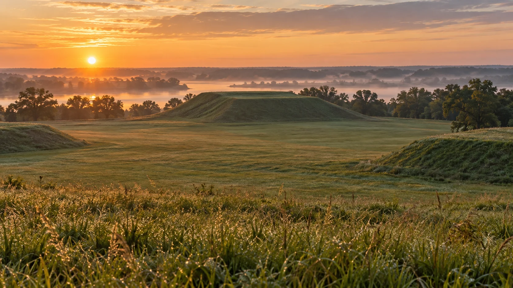 Grassy Mississippian earthwork mounds rise above a misty river valley.