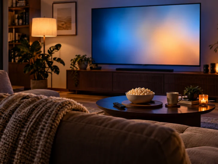 A cozy living room is prepared for a streaming film night with popcorn.