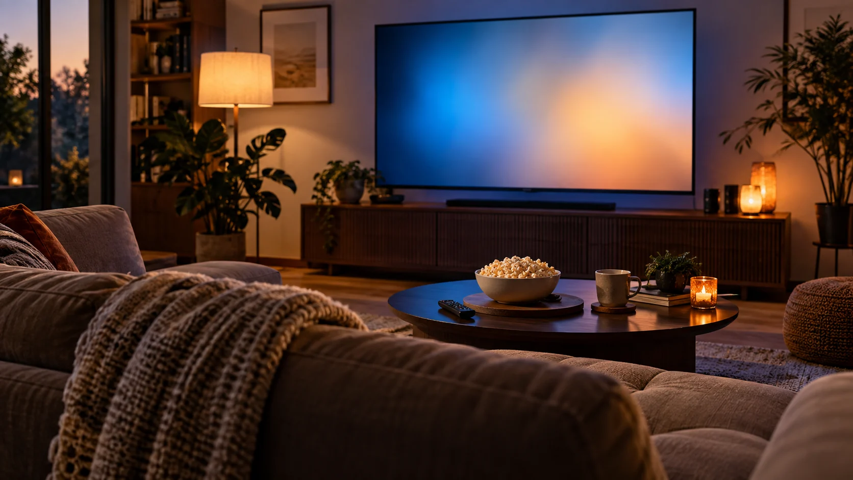 A cozy living room is prepared for a streaming film night with popcorn.