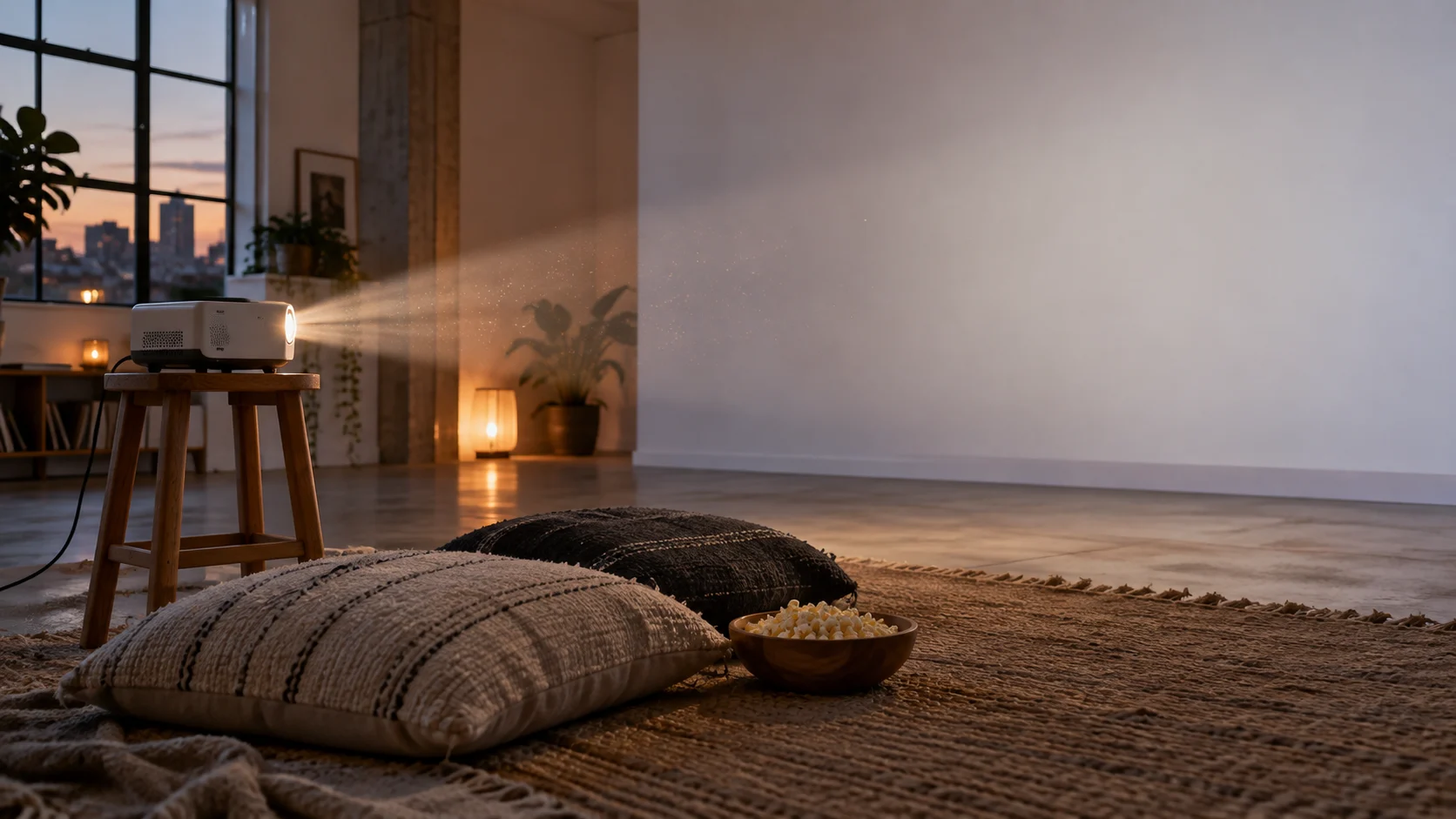 A small projector casts a beam toward a blank wall in a loft screening space.