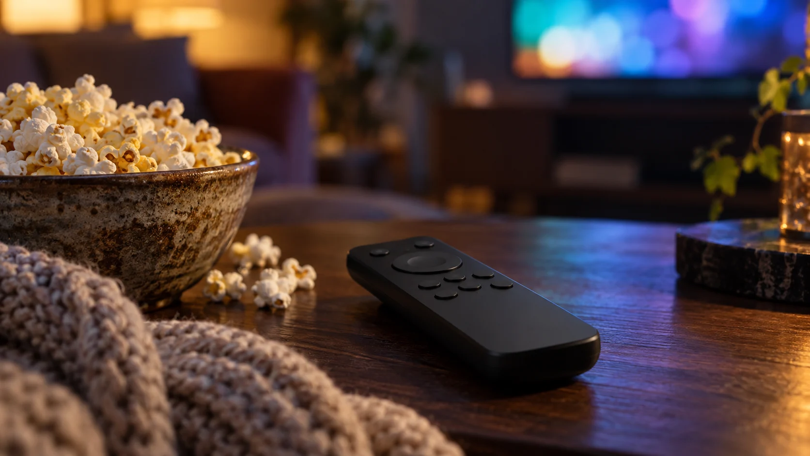 A blank remote rests beside popcorn and a knitted blanket during film night.