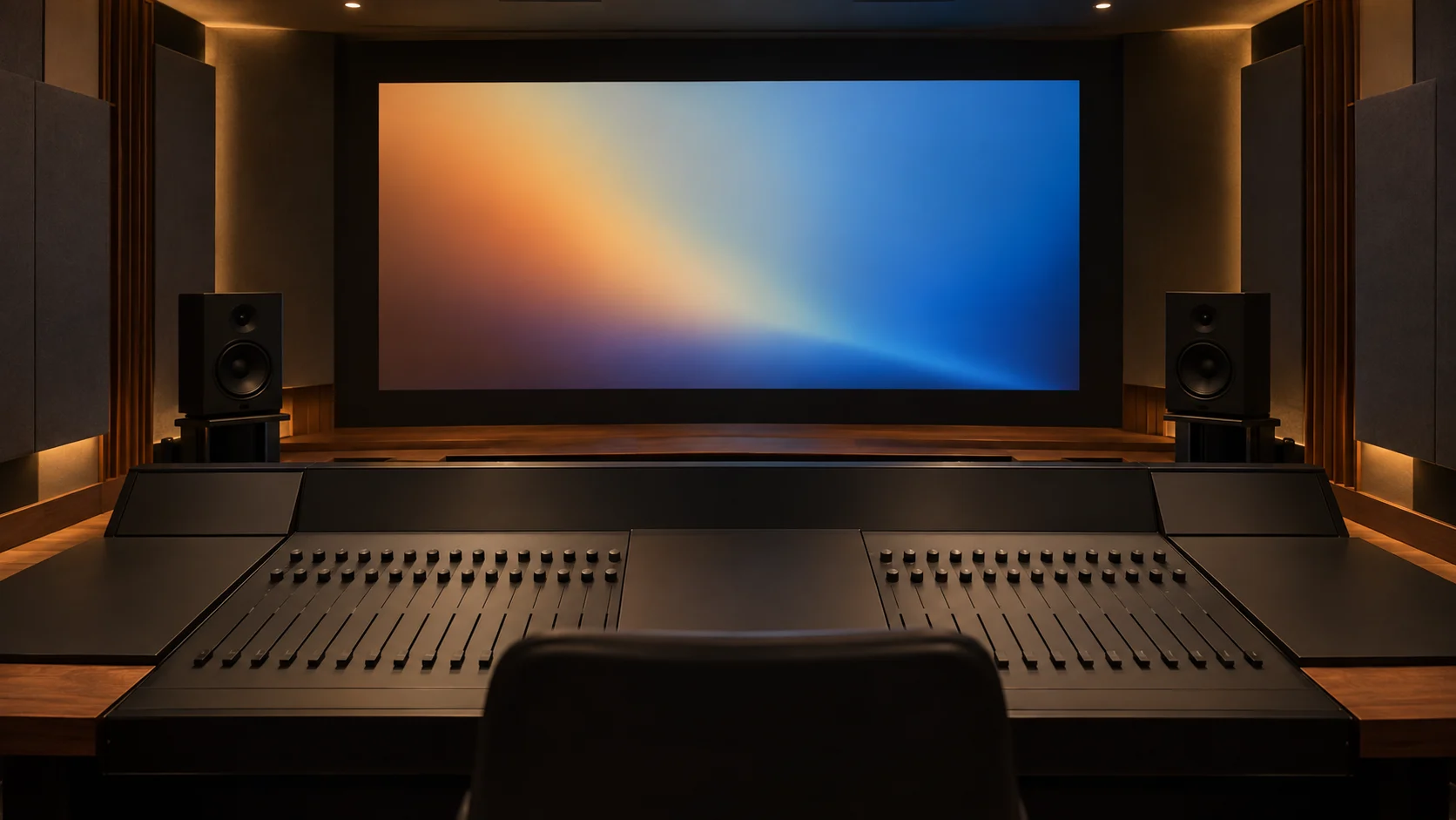 A blank mixing console faces an abstract screen in an empty sound suite.