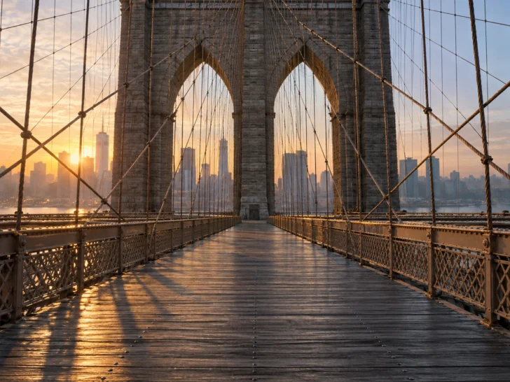 Sunrise streams through the stone arches and cables of the Brooklyn Bridge.