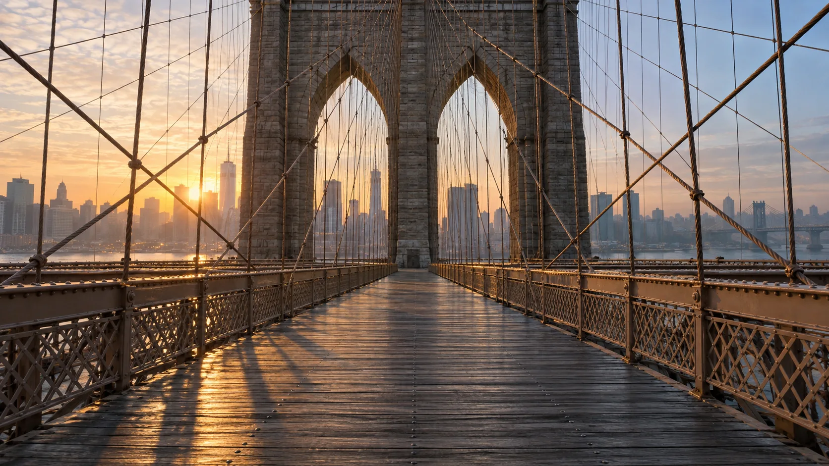 Sunrise streams through the stone arches and cables of the Brooklyn Bridge.