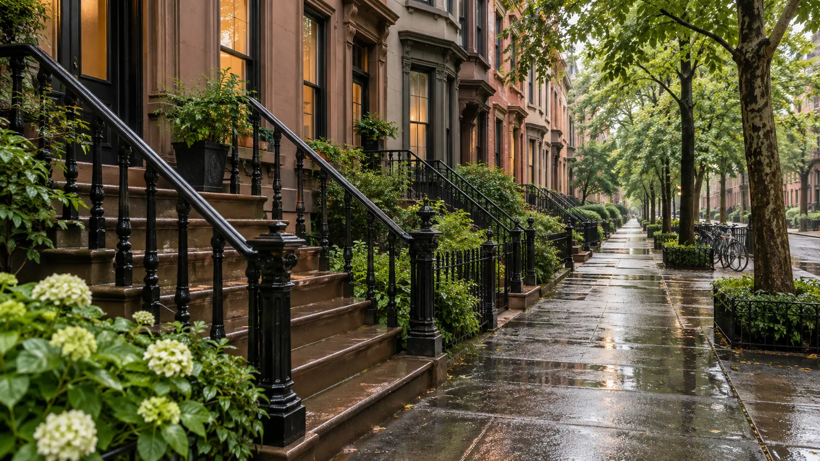 Rain-dark sidewalks lead past leafy Brooklyn brownstones and iron stoops.