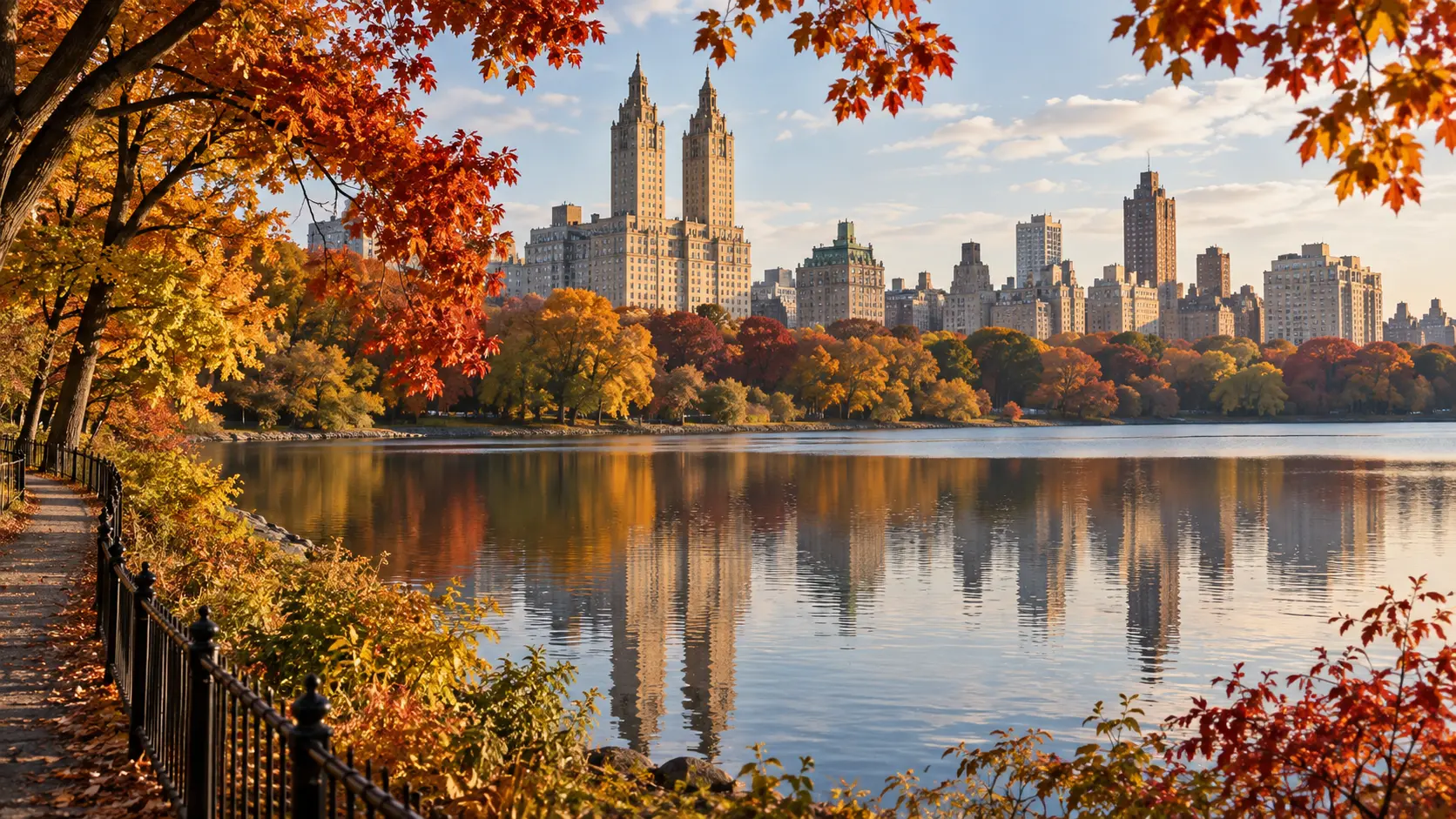 Autumn trees and Manhattan towers reflect in the Central Park Reservoir.