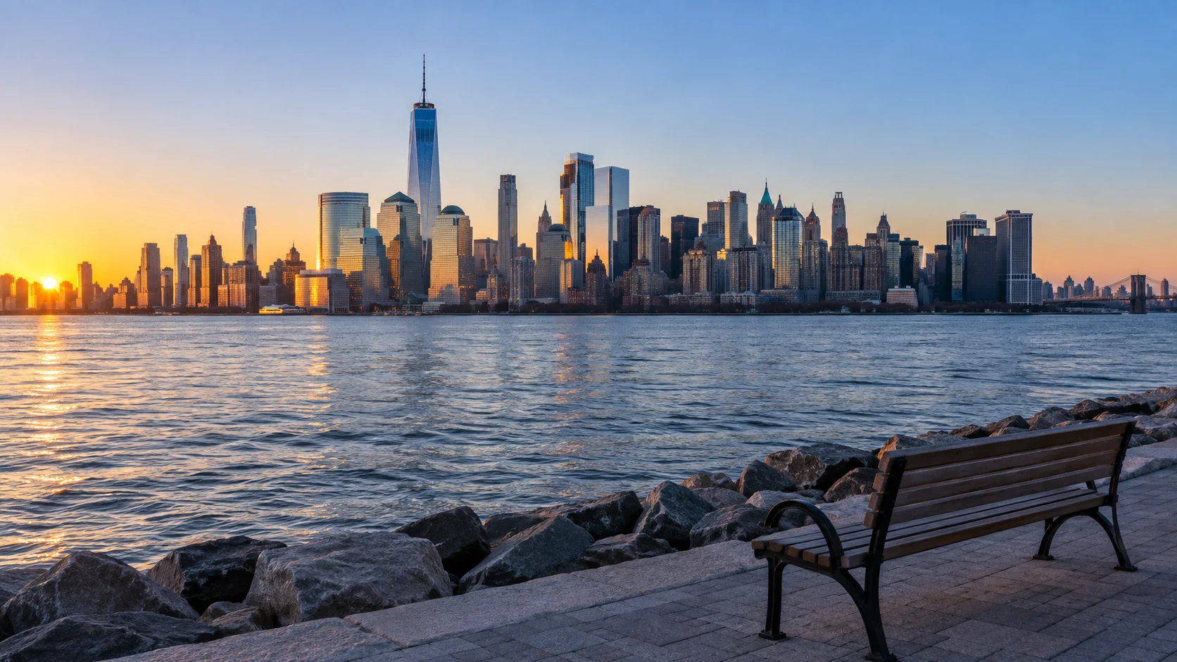 Early sunlight reaches the Lower Manhattan skyline across the East River.