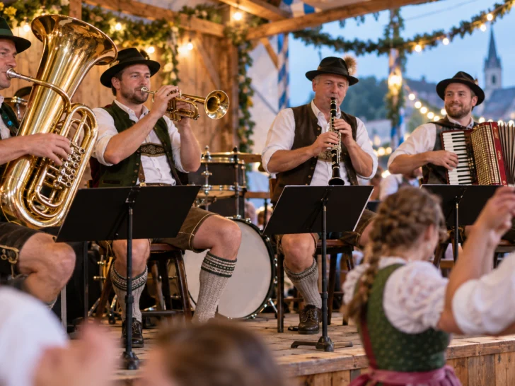 A Bavarian brass ensemble performs on a wooden festival stage.