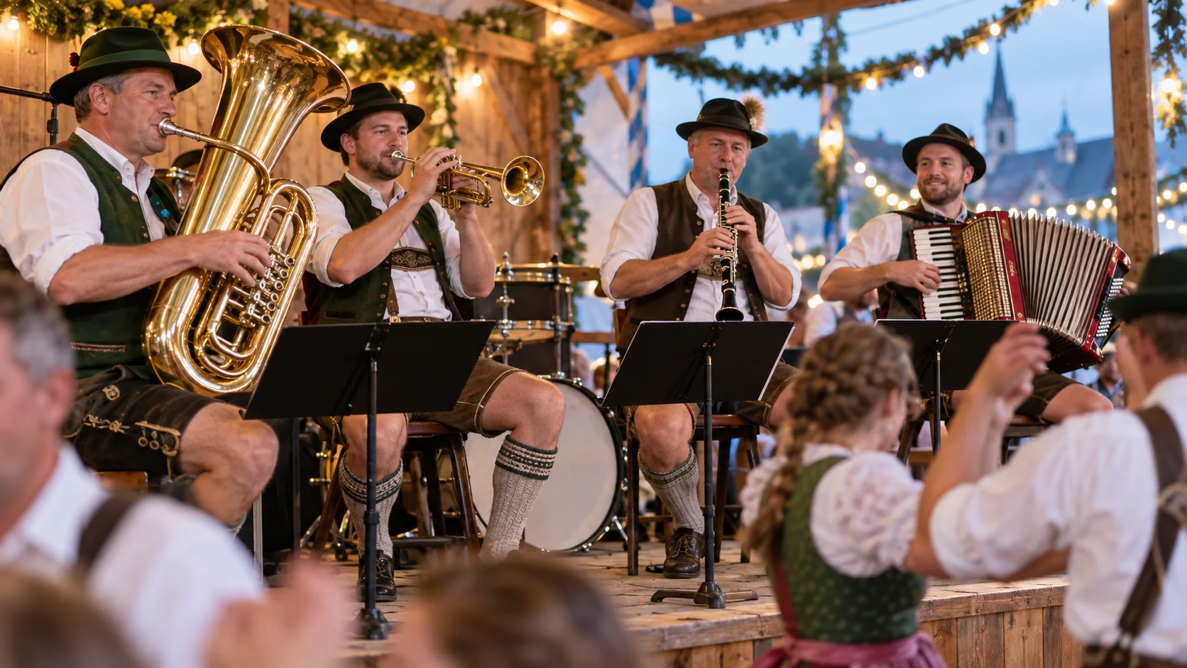 A Bavarian brass ensemble performs on a wooden festival stage.