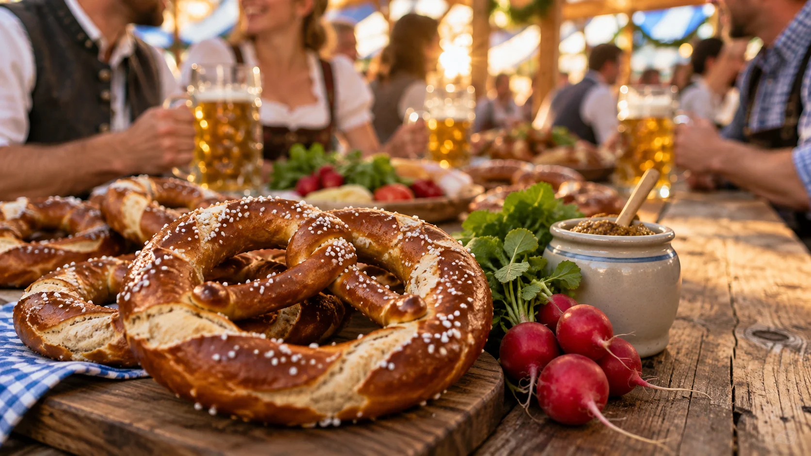 Fresh pretzels and radishes sit on a weathered festival table.