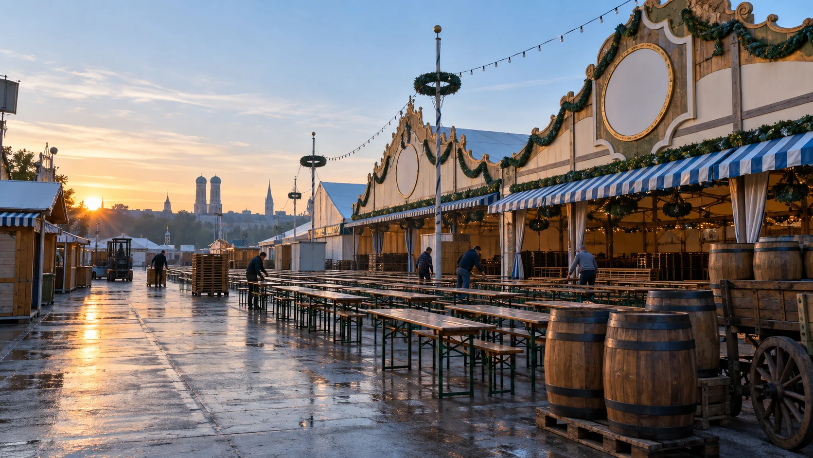 Workers arrange empty benches outside unlettered festival tents at sunrise.