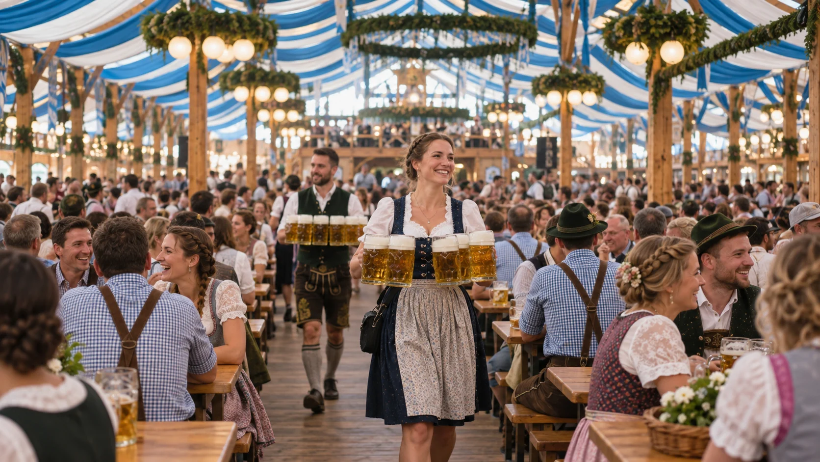 Servers carry unbranded steins through a crowded Bavarian festival tent.