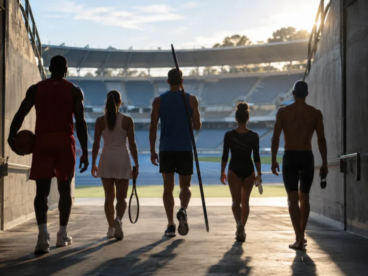Multi-sport athletes walking toward an empty stadium