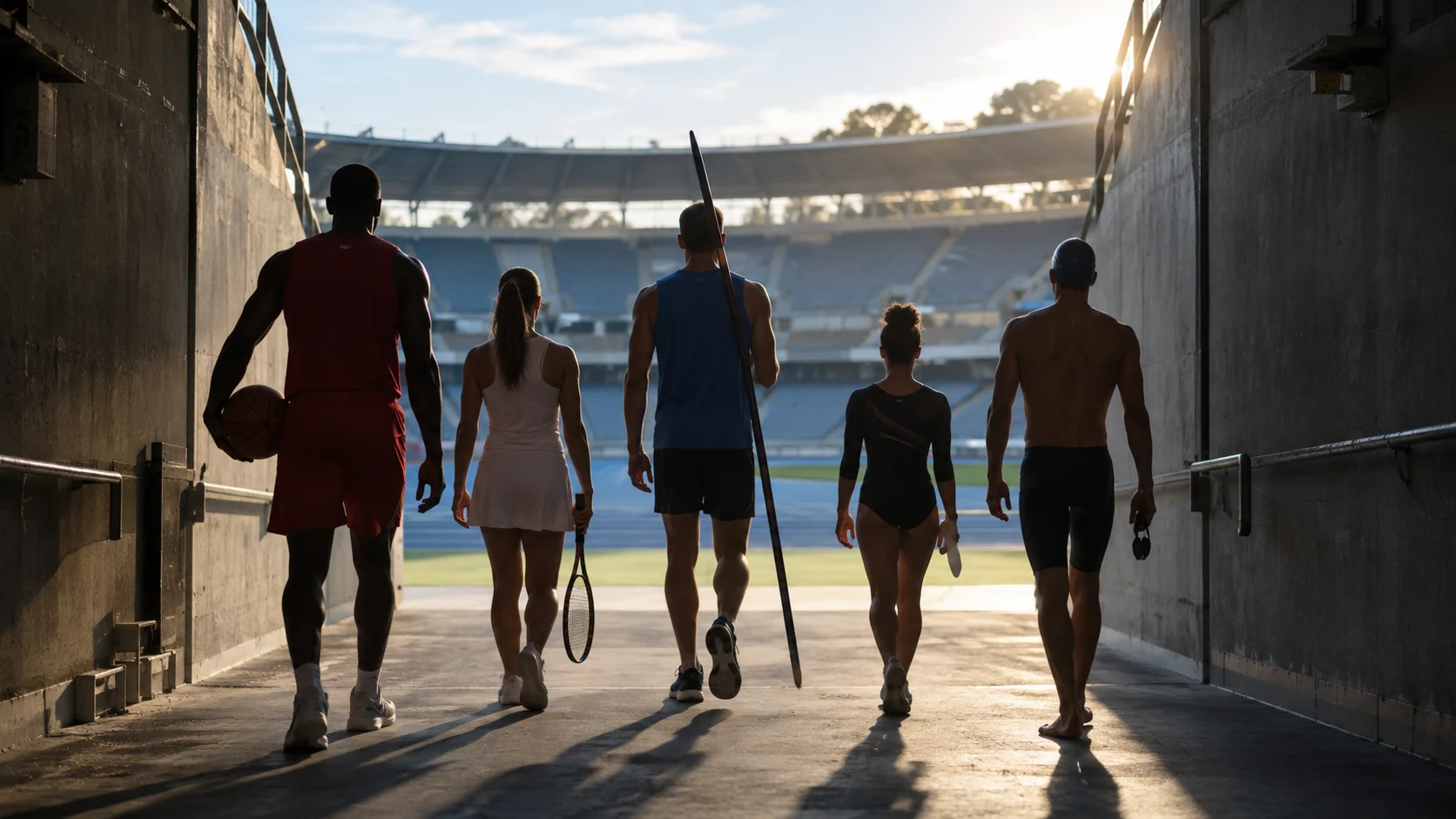 Multi-sport athletes walking toward an empty stadium