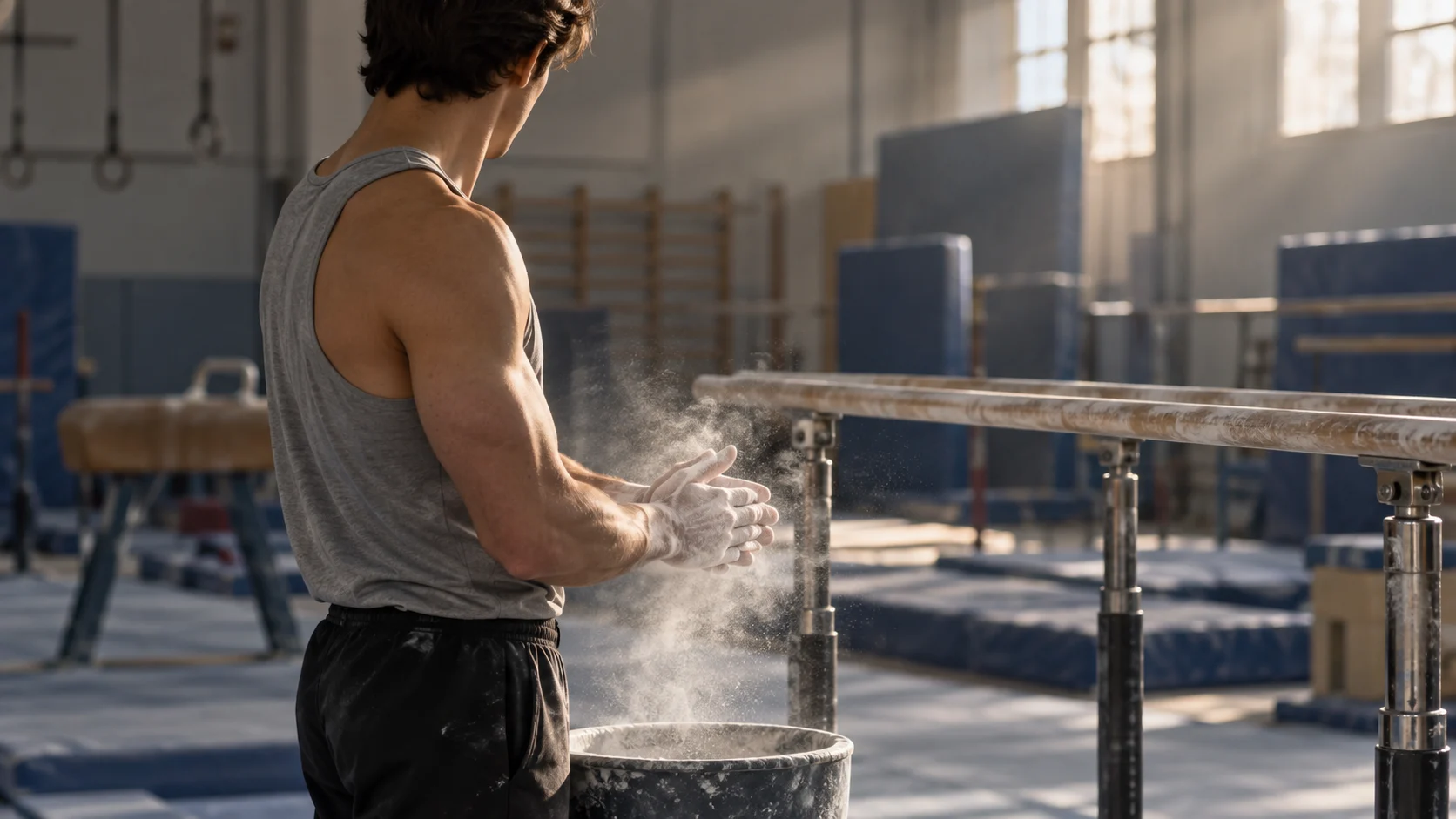 Gymnast chalking hands beside parallel bars