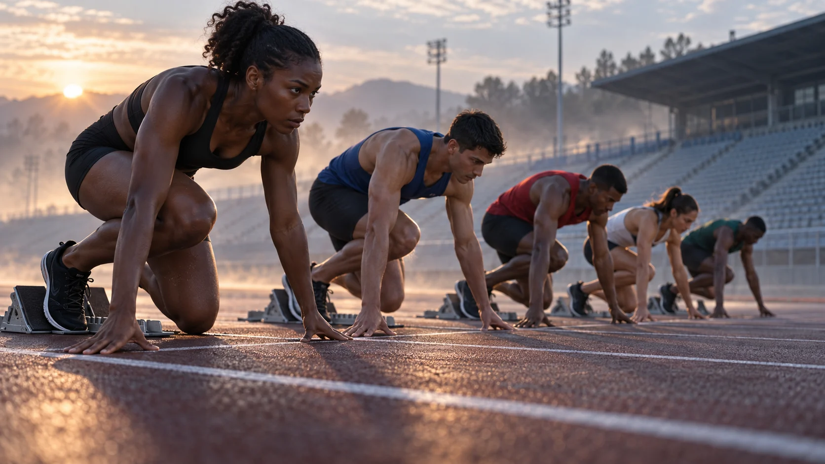 Diverse sprinters poised in starting blocks at dawn