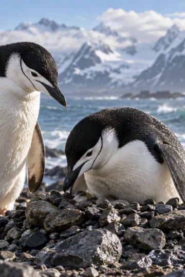 Two chinstrap penguins tend a pebble nest on a rugged coast.