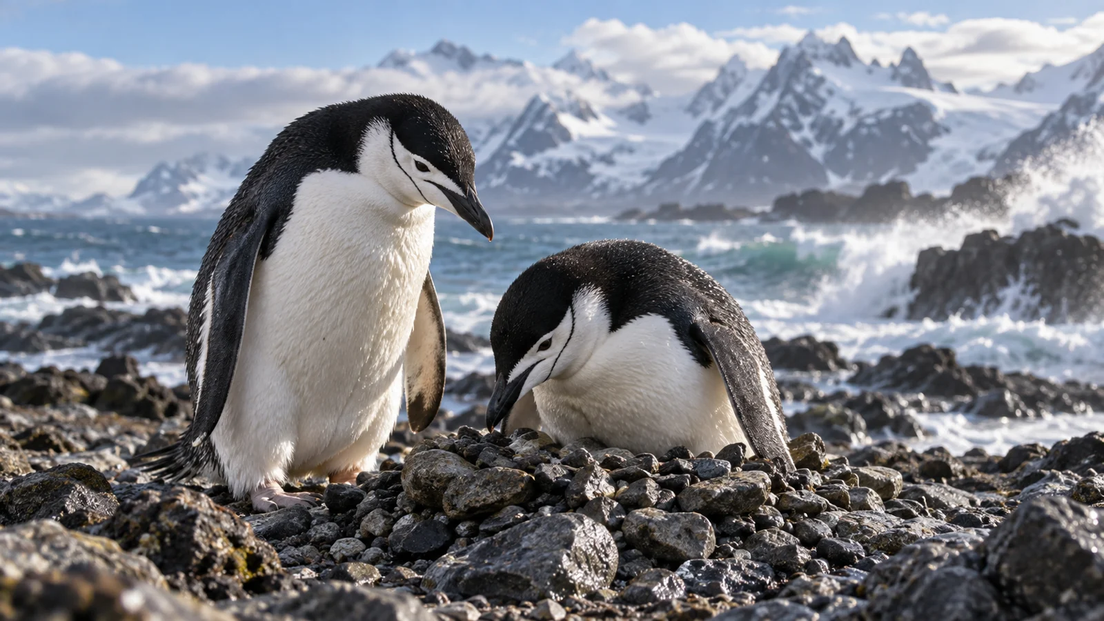 Two chinstrap penguins tend a pebble nest on a rugged coast.