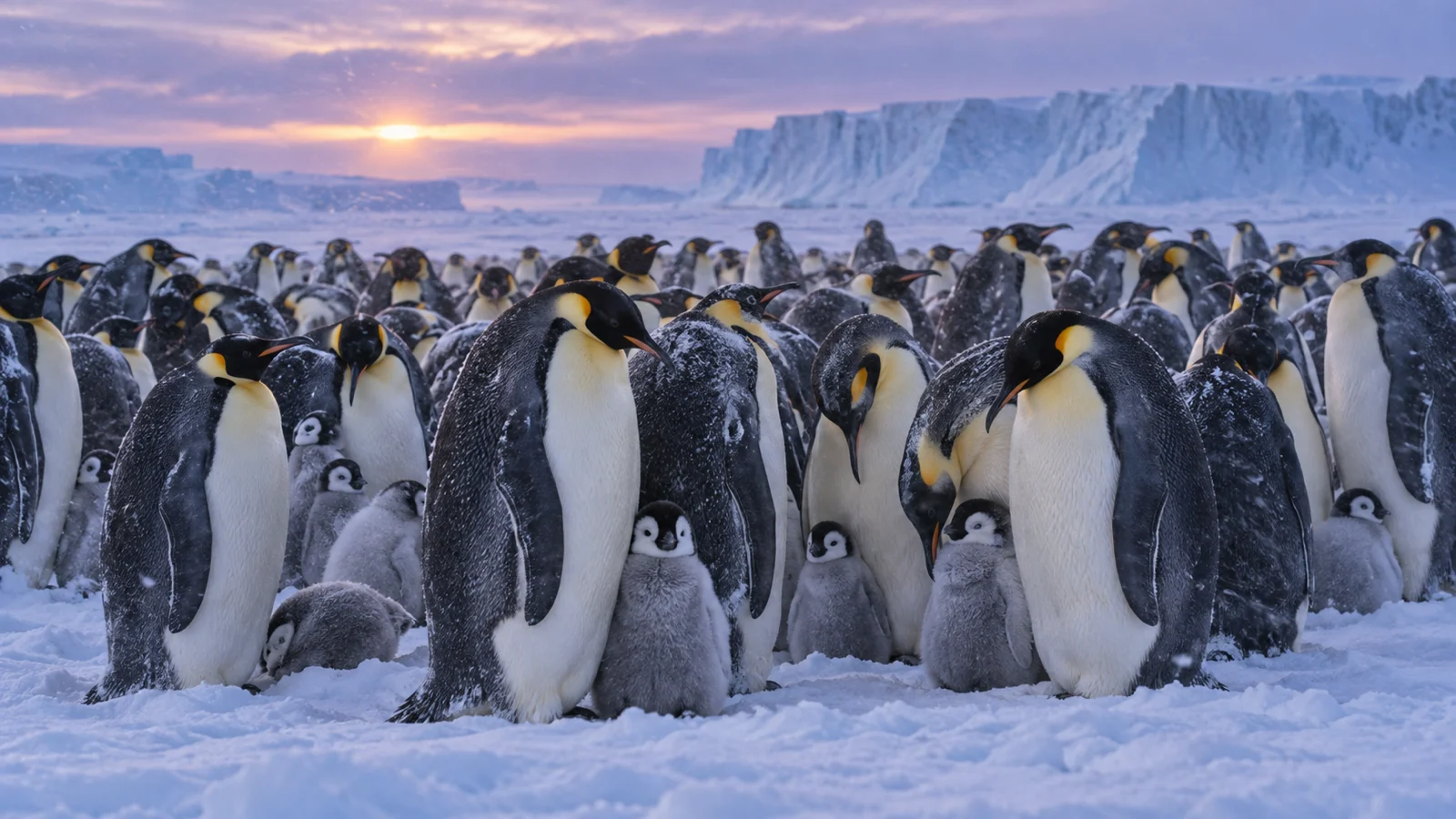 Emperor penguins and chicks huddle together on sea ice at twilight.