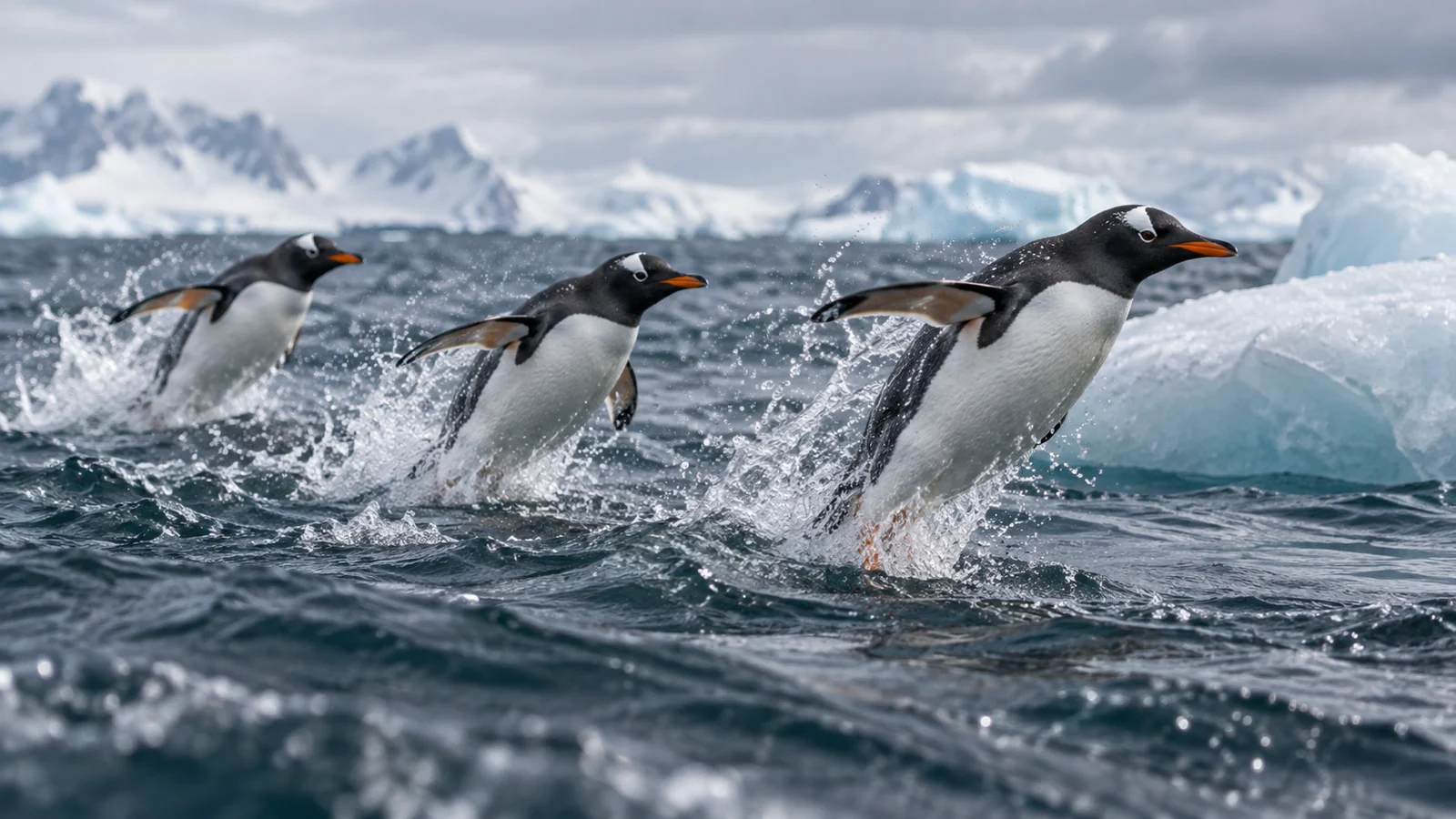 Three gentoo penguins leap through dark Antarctic water beside ice.