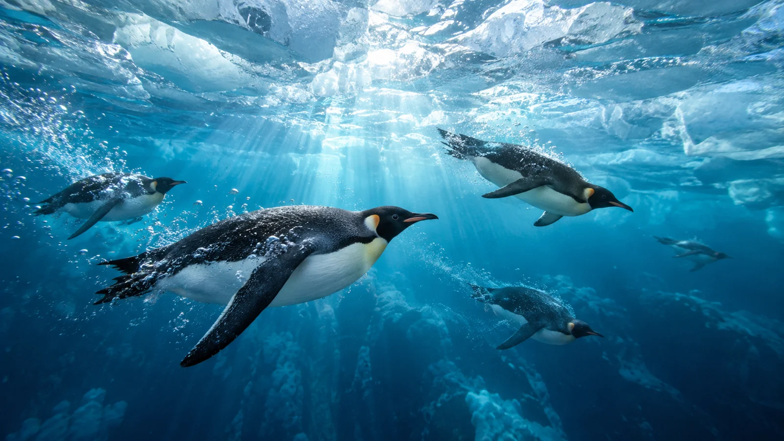Penguins swim through blue water beneath fractured sea ice.