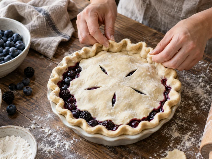 Hands crimping the crust of an unbaked berry pie