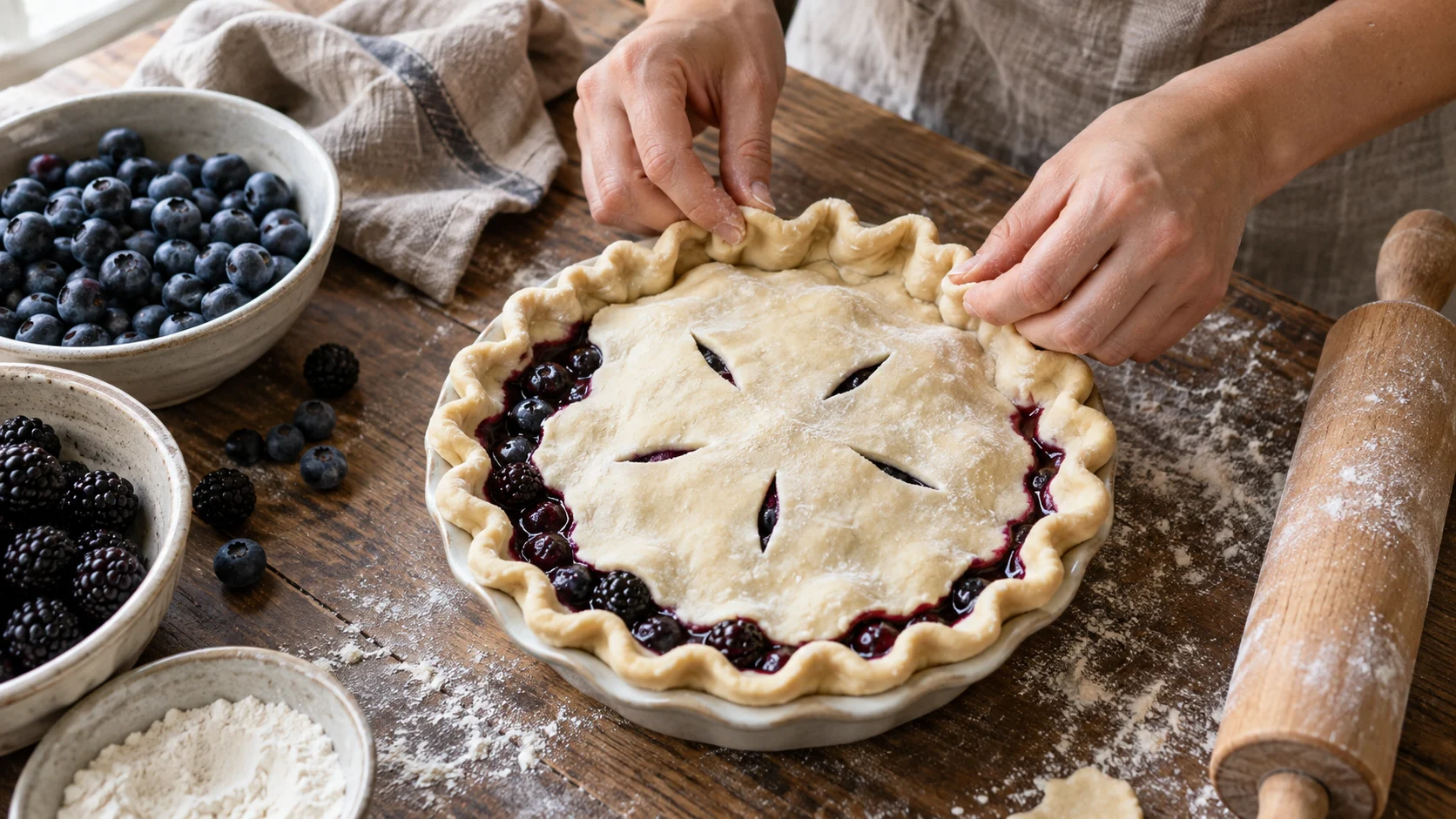 Hands crimping the crust of an unbaked berry pie