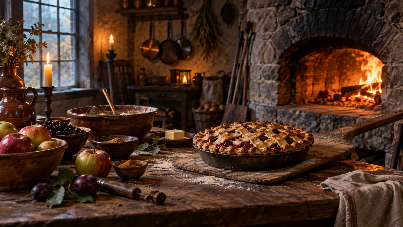 Fruit pie beside a brick oven in a historic bakehouse