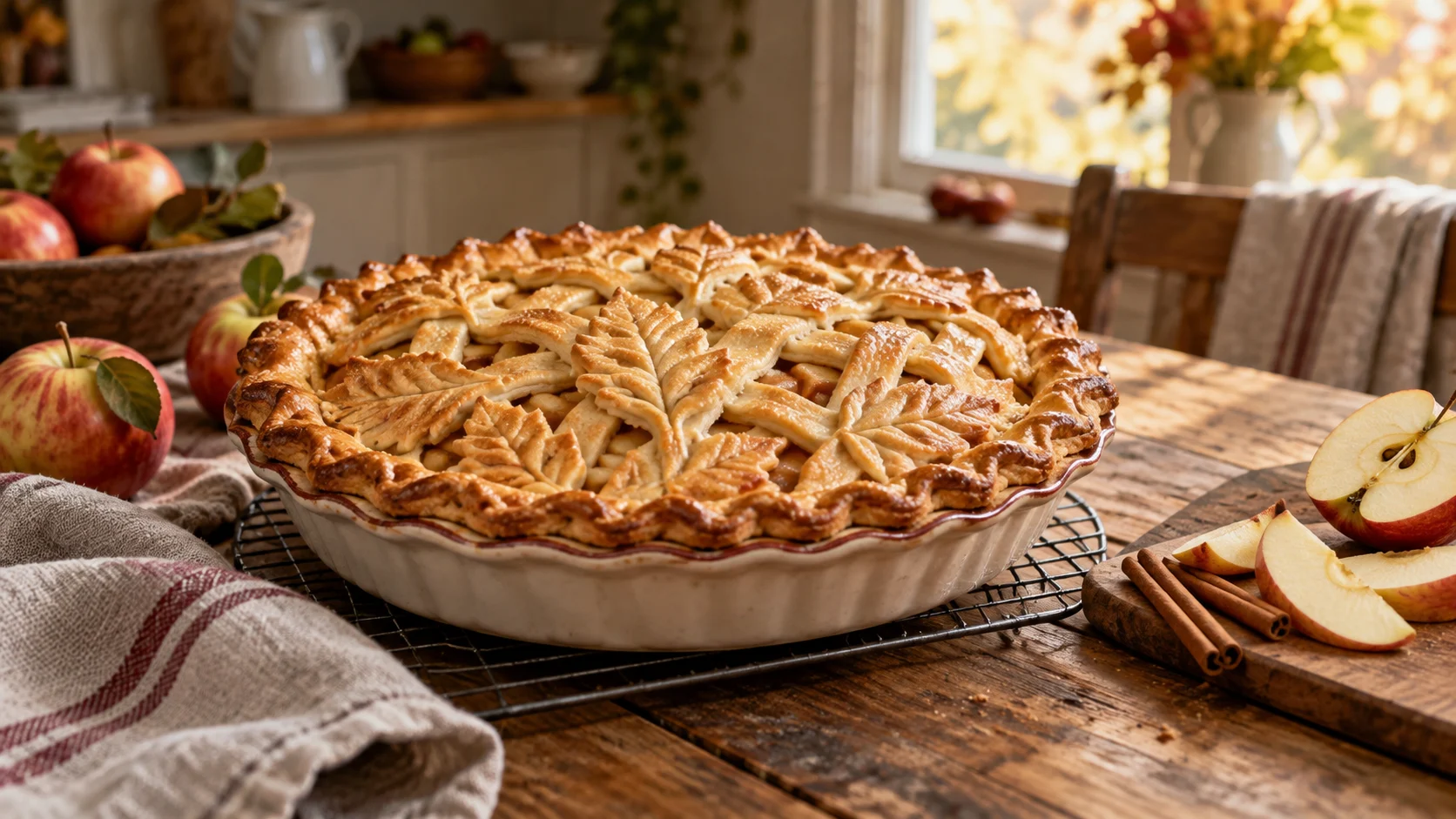 Leaf-lattice apple pie cooling on a farmhouse table