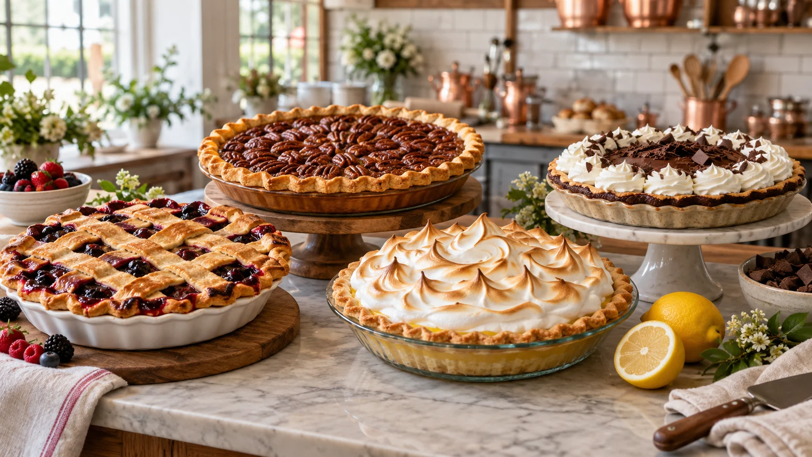 Berry, pecan, lemon meringue, and chocolate cream pies