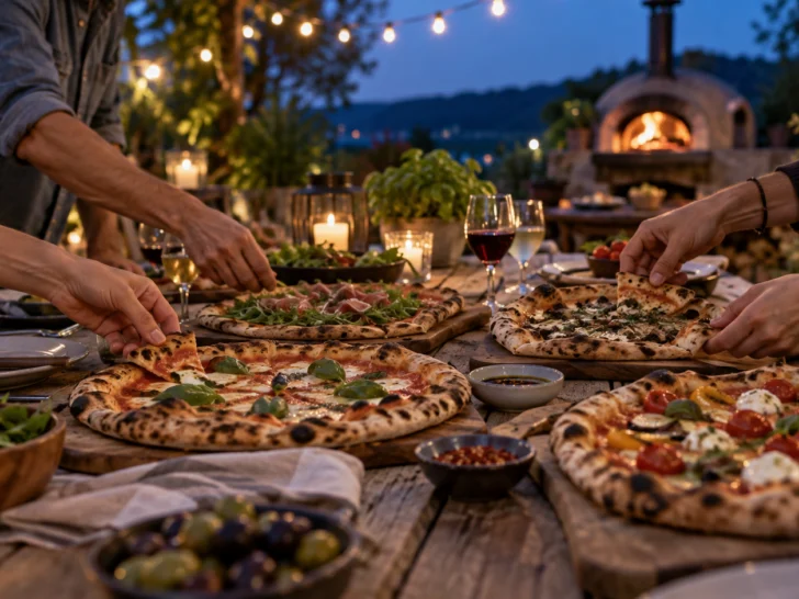 Friends sharing homemade pizzas at an outdoor dinner